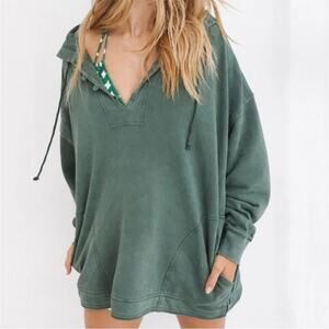 AERIE Oversized Beach Weekend Pullover Henley Button Hoodie Small Forest Green